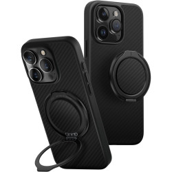 Θήκη iPhone 16 Pro Uniq Keva Air + GripFit Σετ Ανθεκτική MagSafe Aramid Fiber με Μαγνητική Βάση / Finger Holder - Carbon Black (UNIQ-IP6.3P(2024)-KAGPBCB)
