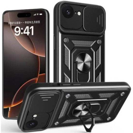 Θήκη iPhone 17e / 16e Bodycell Armor Slide Ανθεκτική με Κάλυμμα για την Κάμερα & Μεταλλικό Ring Holder - Black (5206015080166)