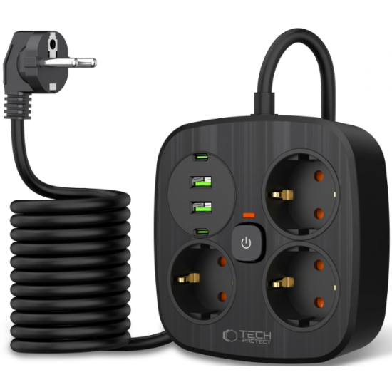 Πολύπριζο Tech-Protect PCS3X4 Power Strip με 3 x Υποδοχές AC 250V με Διακόπτη & Καλώδιο 200cm 2 x USB-A / 2 x Type-C 2.1A - Black (5906302363414)