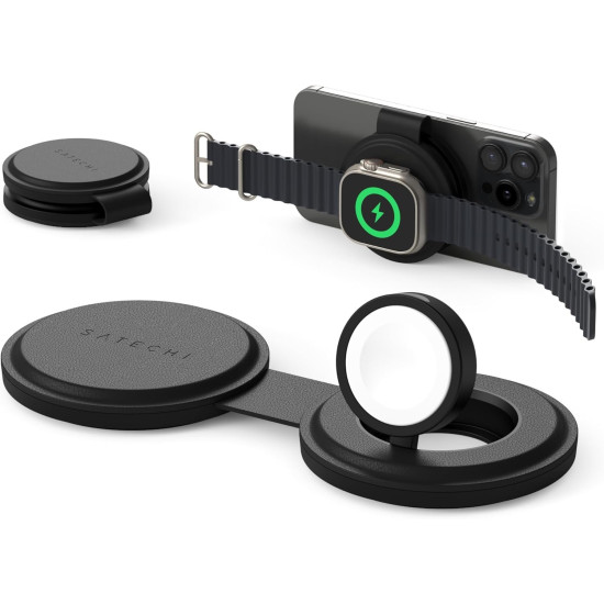 Ασύρματος Φορτιστής Satechi OntheGo 2 in 1 Charger Μαγνητική Βάση MagSafe / Qi2 για iPhone 15W / Apple Watch 5W - Black (ST-QTG21K)