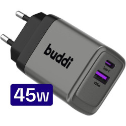Φορτιστής Buddi Power GaN Γρήγορος Ταξιδιού / Αντάπτορας με 1 x USB-A / 1 x Type-C 45W 5 Έτη Εγγύηση - Grey (8719246476501)