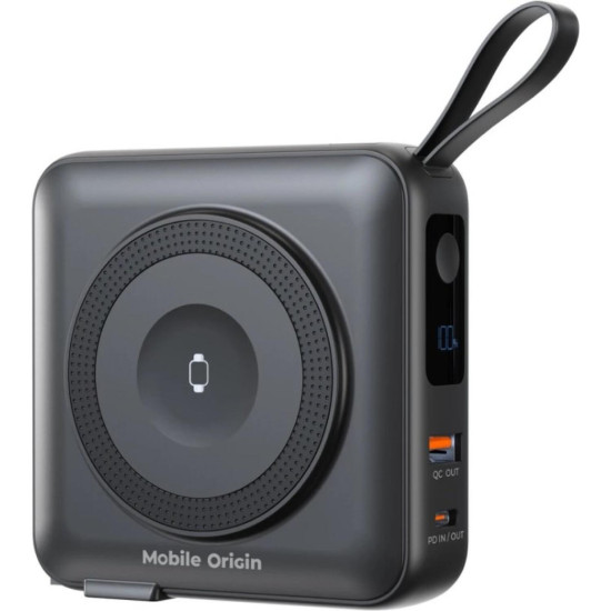 PowerBank Mobile Origin 10.000 mAh με Ασύρματη Φόρτιση MagSafe 15W / KickStand / Ενσωματωμένα Καλώδια Type-C & Lightning / Ταχυφορτιστής Τοίχου με Βύσμα EU / UK / AUS και Θύρες 1 x Type-C / 1 x USB-A 20W - Black (PBT-03L-BLK)