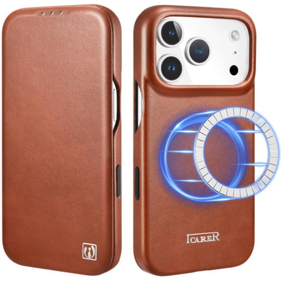 Θήκη iPhone 17 Pro iCarer Curved Edge Leather Folio with Magsafe Δερμάτινη Flip με MagSafe - Retro Brown (KJIP17250701-BN)