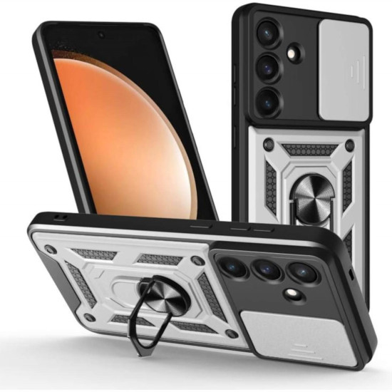 Θήκη Samsung Galaxy S25 FE Bodycell Armor Slide Ανθεκτική με Κάλυμμα για την Κάμερα & Μεταλλικό Ring Holder - Silver (5206015084287)