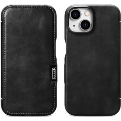 Θήκη iPhone 15 iCarer Vintage Series Side-Open Flip Σκληρή Δερμάτινη με MagSafe - Black (WMI15230613-BK)