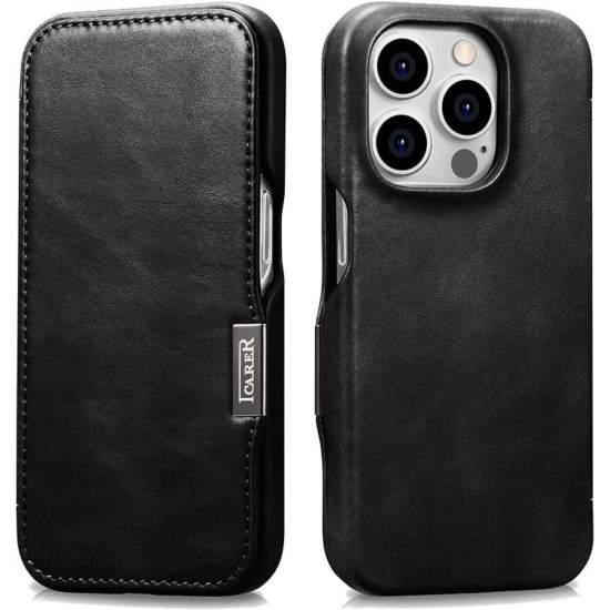 Θήκη iPhone 15 Pro iCarer Vintage Series Side-Open Flip Σκληρή Δερμάτινη με MagSafe - Black (WMI15230614-BK)