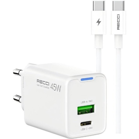 Φορτιστής Recci RC108E GaN Αντάπτορας με 1 x Type-C 45W / 1 x USB-A 18W & 1 x Καλώδιο Type-C σε Type-C 100cm - White (6955482532492)