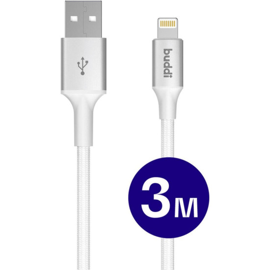 Καλώδιο Buddi Flex Φόρτισης & Μεταφοράς Δεδομένων USB-A σε Lightning 300cm 12W 5 Έτη Εγγύηση - White (8719246497476)