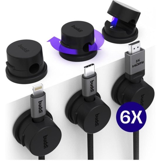 Οργανωτής Καλωδίων Buddi Sorted Cable Clip Μαγνητικός & Περιστρεφόμενος με Αυτοκόλλητο 6 Τεμάχια 5 Έτη Εγγύηση - Black (8719246502569)