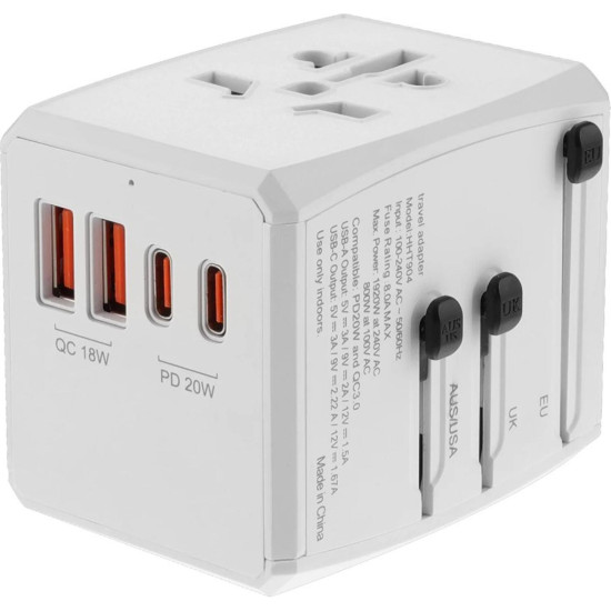 Αντάπτορας Ταξιδιού Techsuit HHT904-W2 Universal EU / UK / AUS / US Φορτιστής με 2 x USB-A / 2 x Type-C 20W - White (5949419191822)