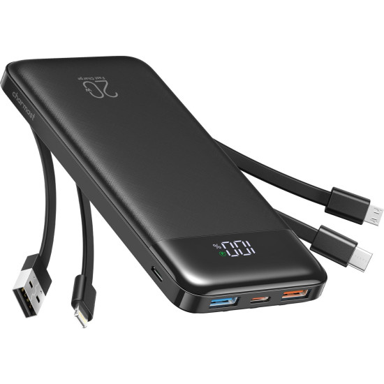 PowerBank Charmast με Θύρες 1 x Type-C / 2 x USB-A & Καλώδια 1 x Type-C / 1 x  Lightning / 1 x MicroUSB 20W 20.000mAh - Black (W2065)