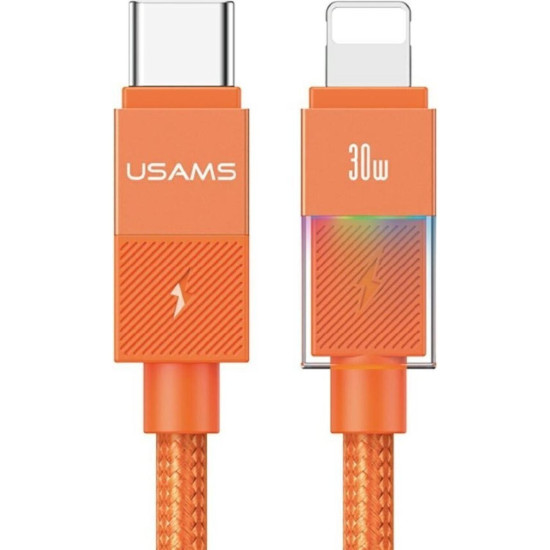 Καλώδιο Type-C Usams SJ776 U93 σε Lightning για Γρήγορη Φόρτιση & Μεταφορά Δεδομένων με LED 120cm 30W - Orange (6958444997285)