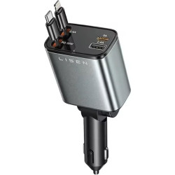 Φορτιστής Αυτοκινήτου Lisen 4 in 1 με Θύρες 1 x USB-A / 1 x Type-C & Πτυσσόμενα Καλώδια 1 x Type-C / 1 x Lightning 69W - Dark Grey / Black (6941237431141)