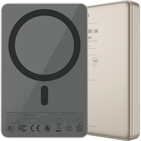 PowerBank Recci RPB-W36 με Πιστοποίηση CCC / CE & Ασύρματη Φόρτιση MagSafe 15W / 1 x Θύρα Type-C 20W 10.000mAh - Gold (6955482535448)