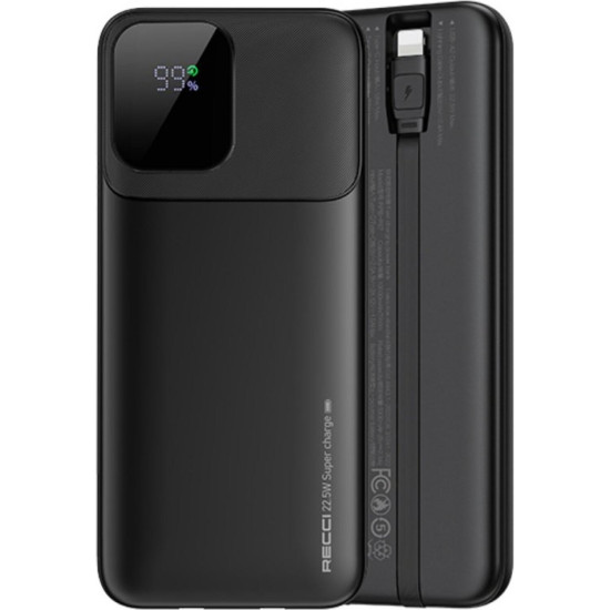 PowerBank Recci RPB-P67 με Πιστοποίηση CCC / CE & Θύρες 1 x Type-C / 2 x USB-A & Ενσωματωμένα Καλώδια 1 x Type-C / 1 x Lightning 22.5W 10.000mAh - Black (6955482534694)