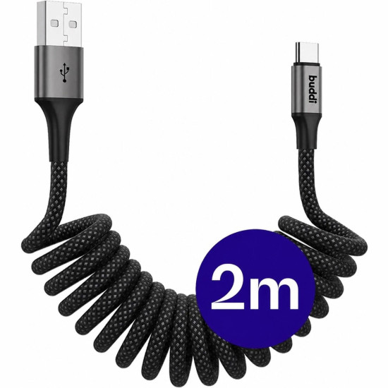 Καλώδιο Buddi Flex USB-A σε Type-C Σπιράλ Φόρτισης και Μεταφοράς Δεδομένων 200cm 12W 5 Έτη Εγγύηση - Black (8719246560415)