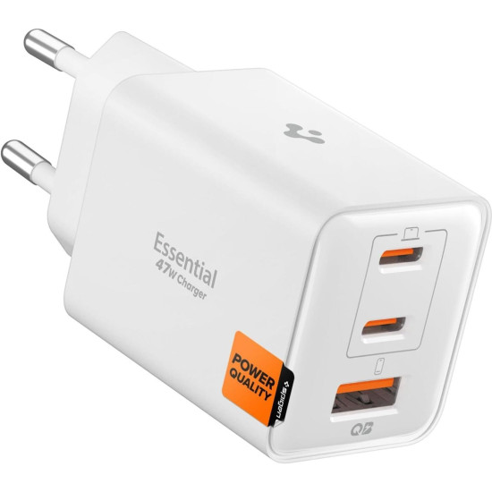 Φορτιστής Spigen EE473EU Essential GaN Pro Γρήγορος Τοίχου / Αντάπτορας με 1 x USB-A / 2 x Type-C 47W - White (ACH09464)
