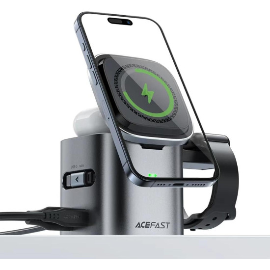Ασύρματος Φορτιστής Acefast Z9 6in1 GaN MagSafe για iPhone 15W / EarBuds TWS 5W / Apple Watch 2.5W με Καλώδιο Type-C 60W & 1 x Type-C 65W / 1 x USB-A 18W - Metal Grey (6974316285809)