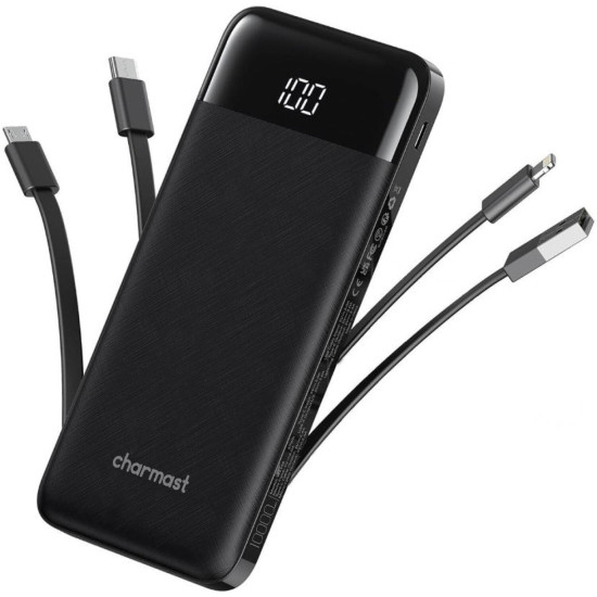 PowerBank Charmast με Θύρες 1 x Type-C / 2 x USB-A & Καλώδια 1 x Type-C / 1 x  Lightning / 1 x MicroUSB 20W 10.000mAh - Black (W1148)