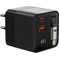 Φορτιστής Mobile Origin PW2 GaN LED Αντάπτορας με Θύρες 1 x USB-A / 1 x Type-C & Πτυσσόμενο Καλώδιο Type-C 65W - Black (MO-65WDCH-PW2)