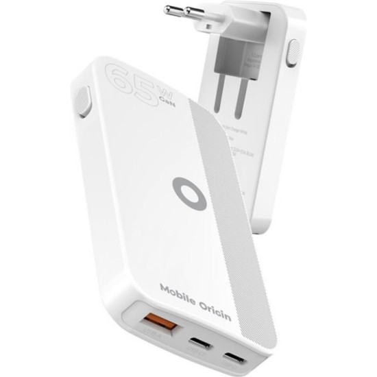 Φορτιστής Mobile Origin 65W GaN III Slim Charger Γρήγορος Τοίχου με 1 x USB-A / 2 x Type-C 65W - White (GAN-65W-SLM-WHT)