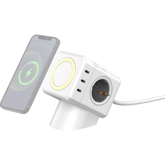 Πολύπριζο Allocacoc DesignNest PowerCube με 4 x Υποδοχές AC 250V με Διακόπτη & Καλώδιο 150cm / Ασύρματη Φόρτιση MagSafe 15W & 3 x USB-A / 3 x Type-C 65W - White (11430WT/EUMWPD)