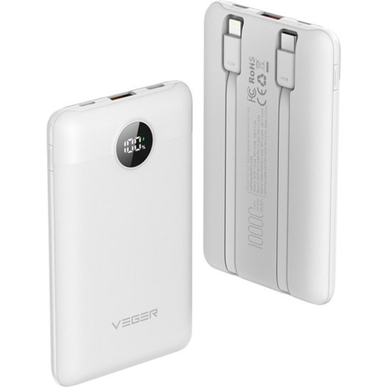 PowerBank Veger C11 με Ενσωματωμένα Καλώδια 1 x Type-C / 1 x Lightning και Θύρα 1 x USB-A 10.000mAh 22.5W - White (6970453559872)