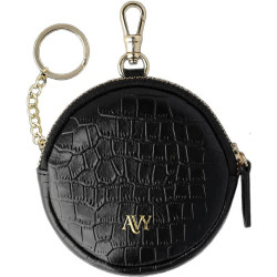 Στρογγυλή Δερμάτινη Θήκη AVY Mini Phone Bag με Φερμουάρ / Μπρελόκ & Γάντζο για AirPods & Αξεσουάρ - Leather Croco Black (8719246579646)