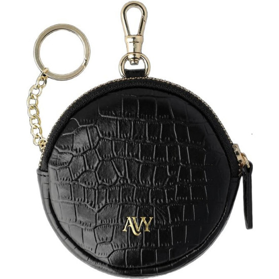 Στρογγυλή Δερμάτινη Θήκη AVY Mini Phone Bag με Φερμουάρ / Μπρελόκ & Γάντζο για AirPods & Αξεσουάρ - Leather Croco Black (8719246579646)