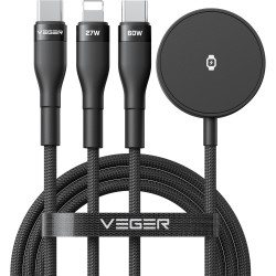 Καλώδιο Type-C Veger V730 3 σε 1 Φόρτισης και Μεταφοράς Δεδομένων σε Type-C 60W / Lightning 27W / Φορτιστή Apple & Galaxy Watch 150cm - Black (6977525752483)