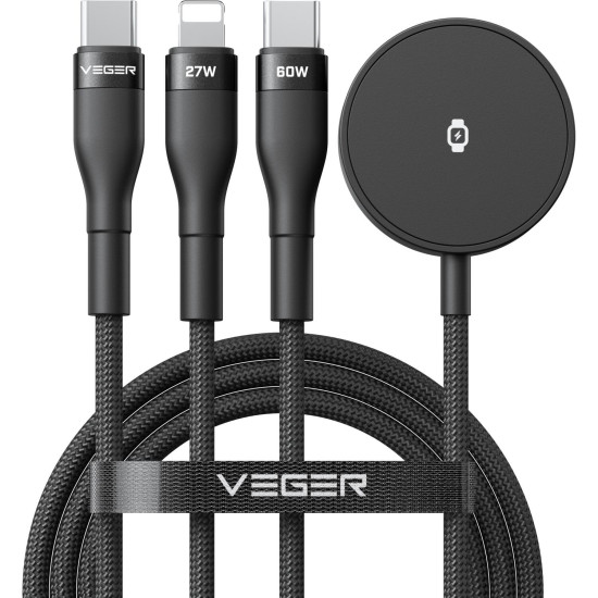 Καλώδιο Type-C Veger V730 3 σε 1 Φόρτισης και Μεταφοράς Δεδομένων σε Type-C 60W / Lightning 27W / Φορτιστή Apple & Galaxy Watch 150cm - Black (6977525752483)