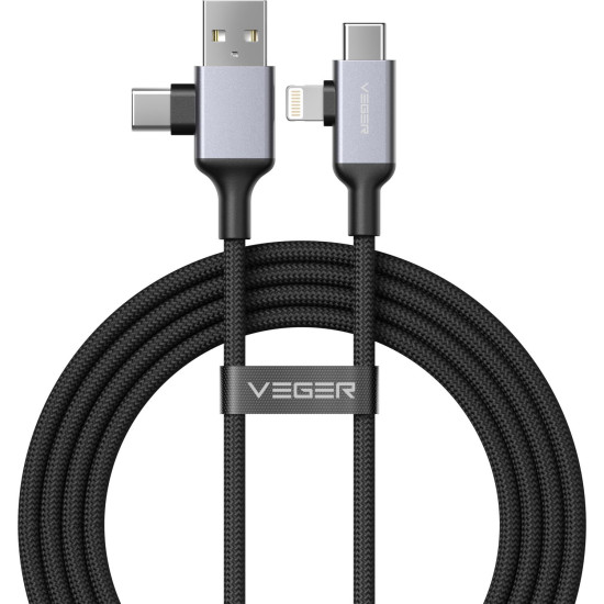 Καλώδιο USB-A / Type-C Veger V313 2 σε 2 Φόρτισης και Μεταφοράς Δεδομένων σε Type-C / Lightning 60W 120cm - Black (6977525753435)