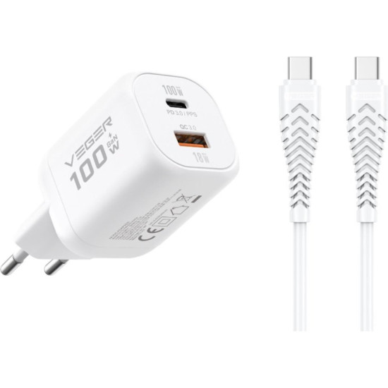 Φορτιστής Veger TR150 GaN Αντάπτορας με 1 x Type-C 100W / 1 x USB-A 18W & 1 x Καλώδιο Type-C σε Type-C 120cm - White (6977525753244)