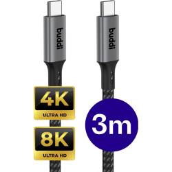 Καλώδιο Type-C Buddi Flex σε Type-C Βίντεο 8K@60Hz / Φόρτισης 240W και Μεταφοράς Δεδομένων 20Gbps 300cm 5 Έτη Εγγύηση - Black (8719246548550)