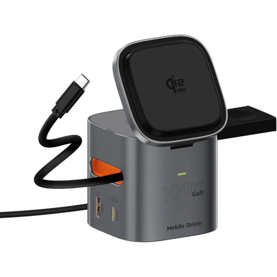 Ασύρματος Φορτιστής Mobile Origin PW37 6in1 GaN MagSafe Qi2.2 για iPhone 25W / EarBuds TWS 5W / Apple Watch 2.5W με Καλώδιο Type-C 60W & Θύρες 1 x Type-C 100W / 1 x USB-A 30W - Space Grey (MO-100WFCH-PW37)