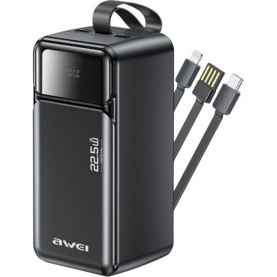 PowerBank Awei PA107 με Ψηφιακή Οθόνη LED / Θύρες 2 x USB-A & 1 x Type-C / Καλώδια 1 x Type-C / 1 x Lightning 50.000mAh 22.5W - Black (6954284029544)