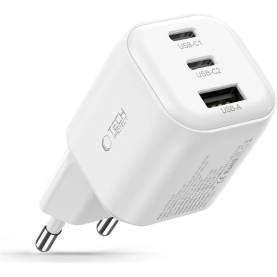 Φορτιστής Tech-Protect NCA100W GaN Γρήγορος Ταξιδιού / Αντάπτορας με 1 x USB-A / 2 x Type-C 100W - White (5906302323425)