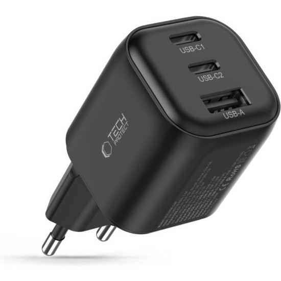 Φορτιστής Tech-Protect NCA100W GaN Γρήγορος Ταξιδιού / Αντάπτορας με 1 x USB-A / 2 x Type-C 100W - Black (5906302323432)