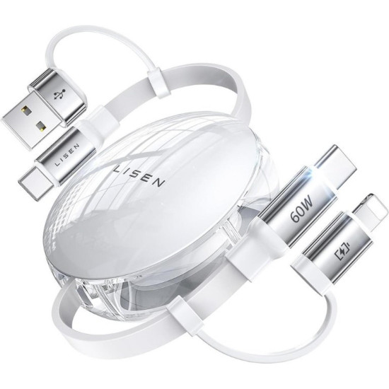 Καλώδιο USB-A / Type-C Lisen Πτυσσόμενο 2 σε 2 Φόρτισης και Μεταφοράς Δεδομένων σε Type-C / Lightning 60W 100cm - White (6941237431066)