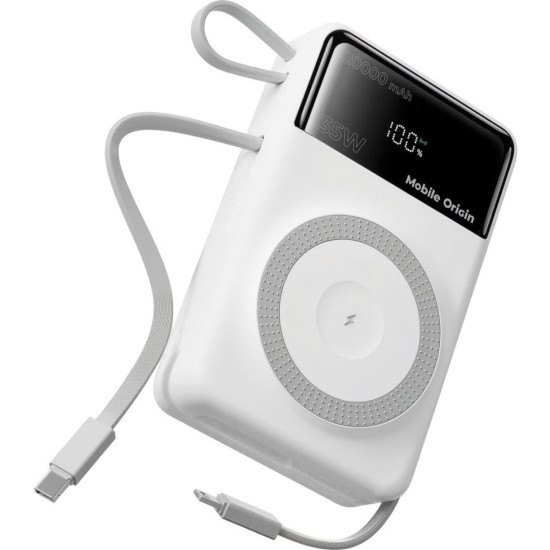 PowerBank Mobile Origin PB15 με MagSafe 15W / KickStand / Ψηφιακή Οθόνη / Καλώδια Type-C & Lightning και Θύρες 1 x Type-C / 1 x USB-A 35W 20.000mAh - White (MO-35WPDD-PB15)