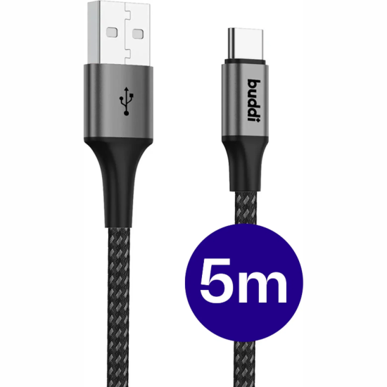 Καλώδιο USB-A Buddi Flex Φόρτισης & Μεταφοράς Δεδομένων σε Type-C 500cm 12W 5 Έτη Εγγύηση - Black (8719246550690)