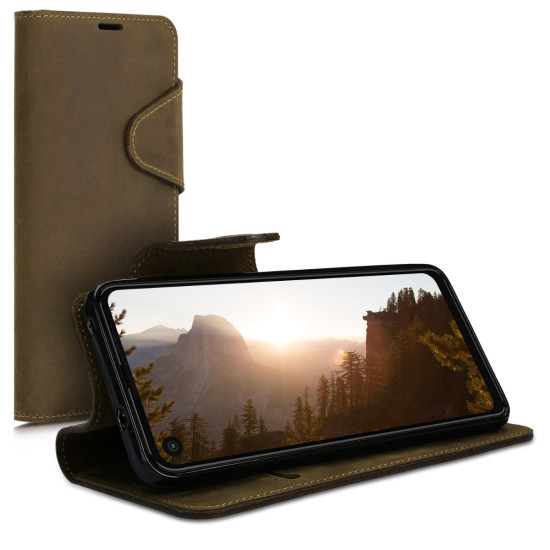 Kalibri Δερμάτινη Suede Θήκη - Πορτοφόλι Motorola One Vision - Brown (48851.05)