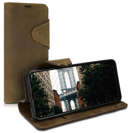 Kalibri Δερμάτινη Suede Θήκη - Πορτοφόλι Motorola One Vision - Brown (49655.01)