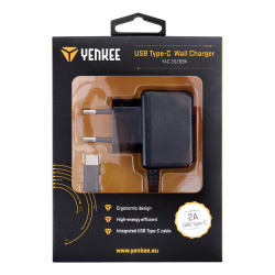 Yenkee Wall Charger με Ενσωματωμένο Καλώδιο Usb Type - C 2Α - Black (YAC2026BK)