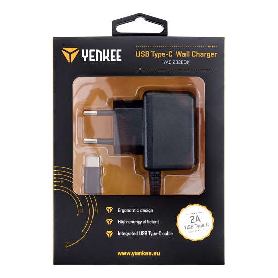 Yenkee Wall Charger με Ενσωματωμένο Καλώδιο Usb Type - C 2Α - Black (YAC2026BK)