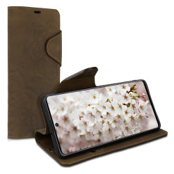 Kalibri Δερμάτινη Suede Θήκη - Πορτοφόλι Samsung Galaxy A71 - Flower Twins - Brown (51779.01)