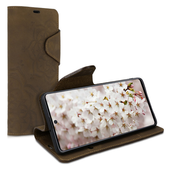 Kalibri Δερμάτινη Suede Θήκη - Πορτοφόλι Samsung Galaxy A71 - Flower Twins - Brown (51779.01)