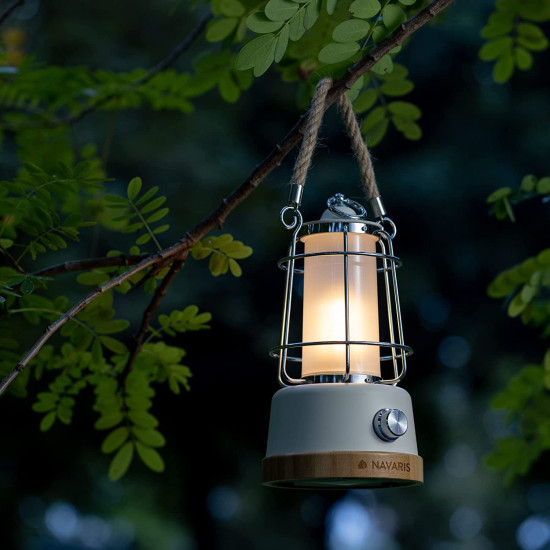 Navaris Rechargeable LED Latern - Επαναφορτιζόμενο LED Φανάρι από Μπαμπού και Μέταλλο με PowerBank 5000mAh με 1 x USB-A - 12.6 x 12.6 x 23cm - White (56078.02)