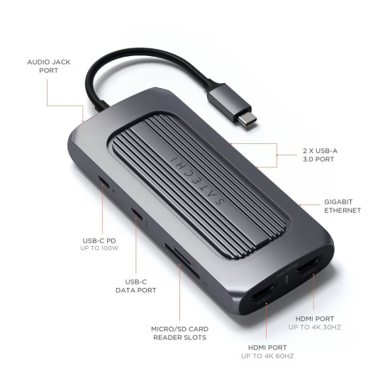 Satechi Αντάπτορας Type-C Multiport MX για M1 Mac - Mε 2x USB Type-C / 2x USB 3.0 / 2x 4K HDMI / 1x Micro SD & SD / 1x Ethernet / 1x 3.5mm Jack - Space Grey (ST-UCMXAM)