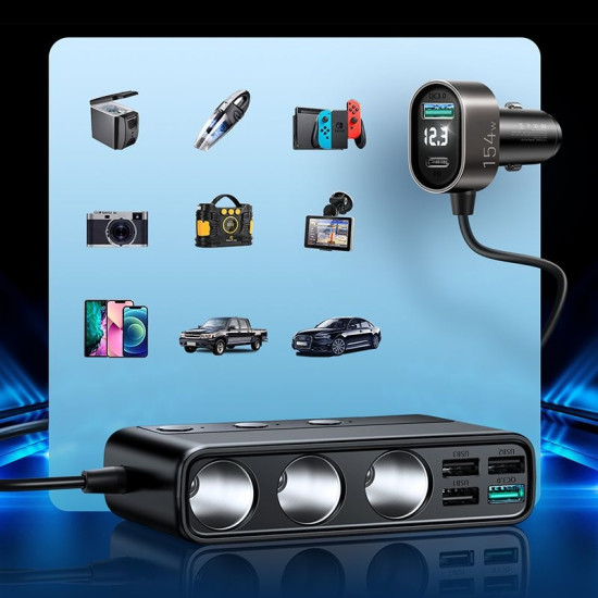 Joyroom Multi-Port Car Charger - Φορτιστής Αυτοκινήτου με 5 x USB / 1 x Type-C / 3 x Υποδοχές Αναπτήρα - QC3.0 - 154W - Black (JR-CL06)